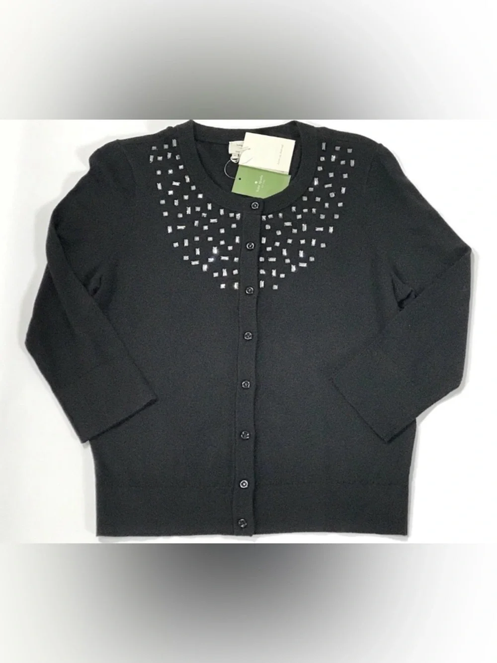 NEW kate spade size L Black Studded Tokyo Grid Crewneck Cardigan Jewel, Sparkle